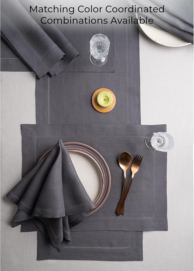 D'Moksha Homes Linen Charcoal Grey Table Runner 36 Inches - 100% Pure Linen Small Table Runner 14 x 36 Inch Ideal for Dresser, Coffee Tables, Spring, Easter - Classic Hemstitch