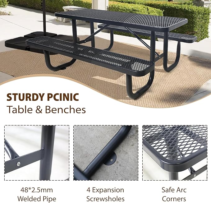 6FT Rectangular Metal Picnic Table for Outdoors, Commercial Steel Metal Picnic Tables, Heavy Duty Sturdy Picnic Tables Furniture Set for Patio Garden Courtyard BBQ, with Umbrella Hole, Black
