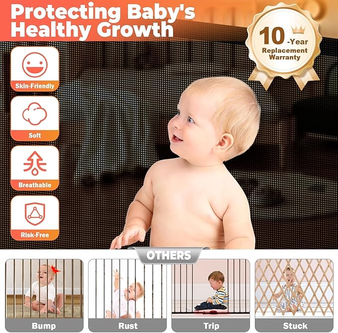 Retractable Baby Gates for Stairs, 78" Wide Retractable Dog Gate Pet Gate, 34" Extra Tall Child Safety Gate Toddler Mesh Gate with Support Rods for Doorways, Hallways, Deck, Porch, Indoor, Outdoor