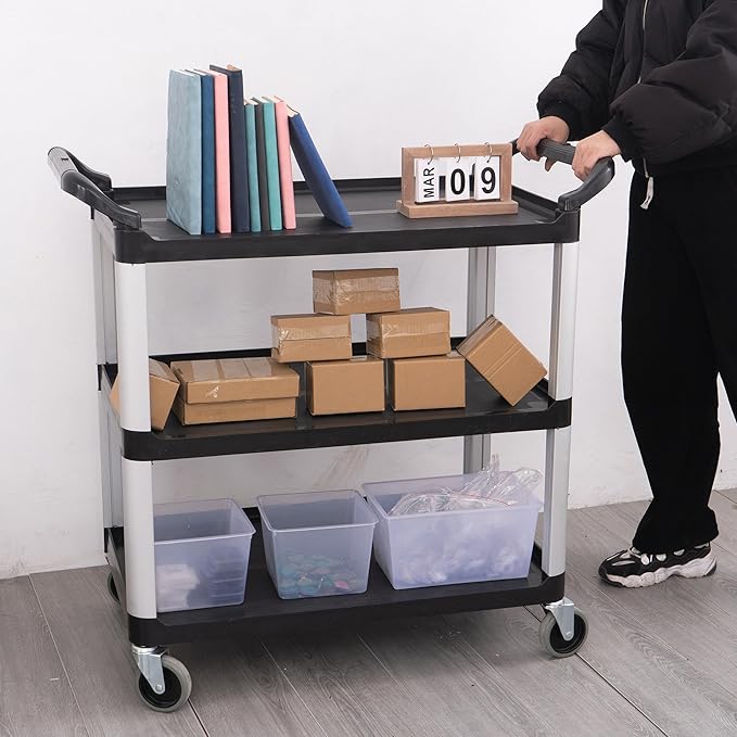 Matthew Plastic Large Utility Carts with Wheels,Heavy Duty 400lbs Capacity Rolling Service Cart,3-Tier Restaurant Food Cart with Hammer for Office,Warehouse,Garage - 2 Handles Black 41"H x 38"W x 20"D