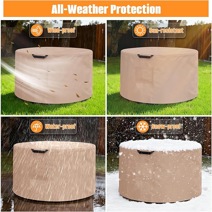 Kovshuiwe Round Fire Pit Cover-600D Fabric Waterproof and Resistant Material, Fits Outdoor For 27-30 Inch Fire Pit /Table Cover, Patio Fire Bowl Cover-30"DIA x 18"H, Khaki