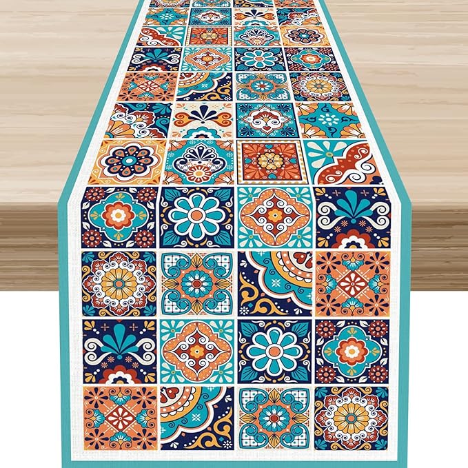 Mexican Table Runner, Blue Rustic Mexico Talavera Ceramic Hand Painted Tiles Cinco De Mayo Coffee Table Center Decor for Family Kitchen and Dining Patio Indoor Outdoor Table Decorations, 13" X 108"