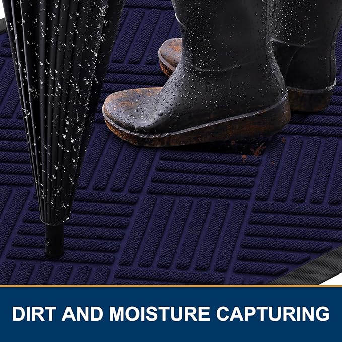 Smiry Front Door Mat Outside Entrance, Heavy Duty Outdoor Indoor Mat, Natural Rubber Doormat, Non Slip, Trap Dirt and Moisture, Easy Clean, Low Profile Patio Porch Entryway Mat, 29.5x17, Black Blue