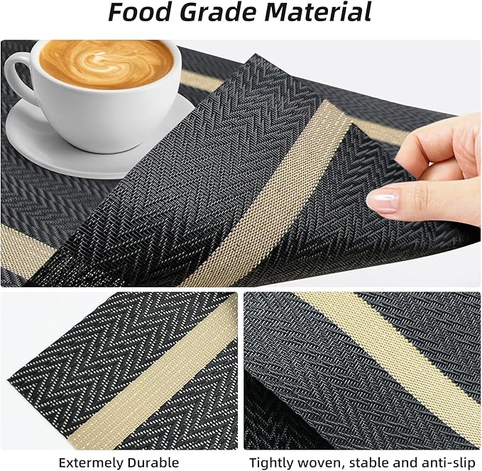 Luxurious Placemats Set of 8,Vinyl Table Place Mats Stain Resistant Foldable Placemats Washable Wipeable Placemat for Kitchen Dining Table Decoration Indoor Outdoor (Black)