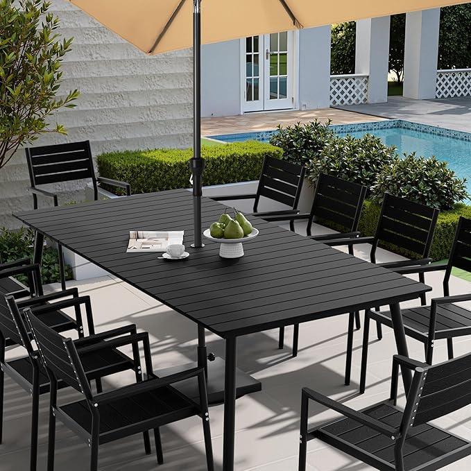 95" Patio Outdoor Dining Table for 8-10, Weather-Resistant Wood-Grain Top with Aluminum Frame & Umbrella Hole for Deck Gatherings, Black
