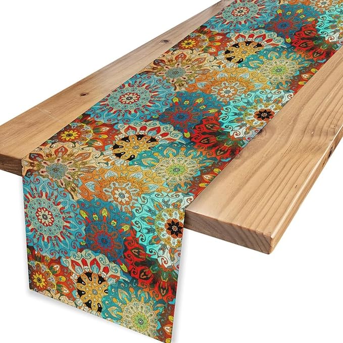 Bohemian Mandala Table Runner, Vintage Colorful Boho Geometric Floral Flower Antique Paisley Rustic Coffee Table Center Decor for Family Kitchen and Living Room Outdoor Table Decorations, 13"x90"