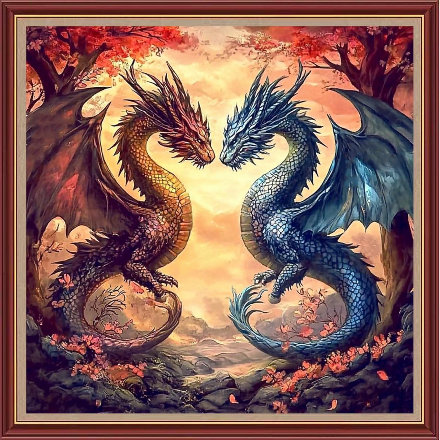 DMCXART Counted Cross Stitch Kits for Adults Needlepoint Kits Unprinted Cross Stitching Embroidery Kit 11CT Cross Stitch Supplies-Two Magical Dragons 18x18 inch