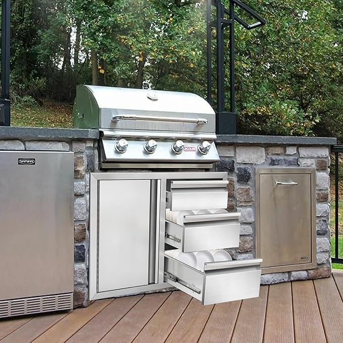 Outdoor Kitchen Drawer Combo, Stainless Steel Triple Drawers with Access Door, 28" W x 22" H x 19.5" D Outdoor Kitchen Cabinet for BBQ Island Grill Stations
