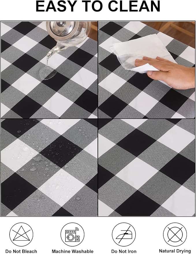 Cupuamon 2 Pack Waterproof Polyester Fabic Round Checkered Tablecloth，60 Outdoor Table Cloth，Oil Stain Prevention Table Cloth for Pinics and Parties（Black and White）
