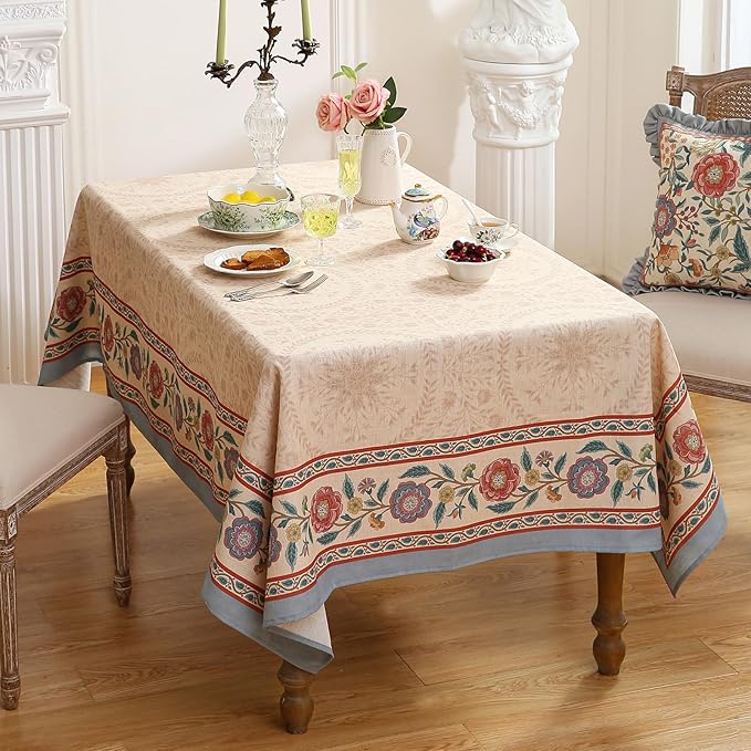Beige Linen Long Rectangle Tablecloth,Vintage Indian Style Soft and Colorfast Floral Tablecloths,Decor Table Cover for Kitchen,Dining,Thanksgiving,Christmas,63"*94"-Flowershadow E