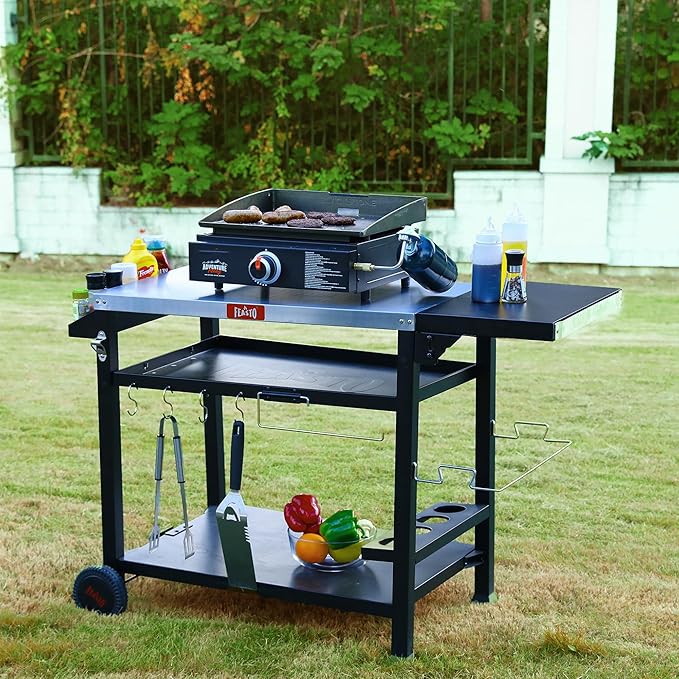 Outdoor Grill Cart, Pizza Oven Table Stand for Outdoor Indoor, 40" x 26" Stainless Steel Tabletop Dining BBQ Grill with Wheels for Food Prep, 3-Shelf Kitchen Cart Table