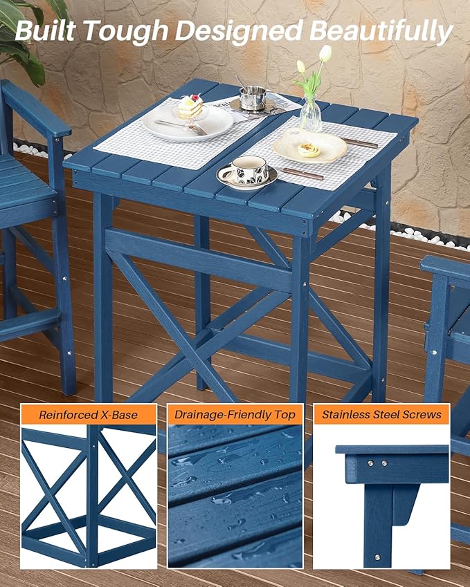 5 Pieces Adirondack Bar Chairs Set, HDPE Patio Bar Height Table and Chairs, Tall Adirondack Outdoor Bar Stools Set, HDPE Patio Bar Table Sets Furniture for Poolside, Balcony, Garden, Navy
