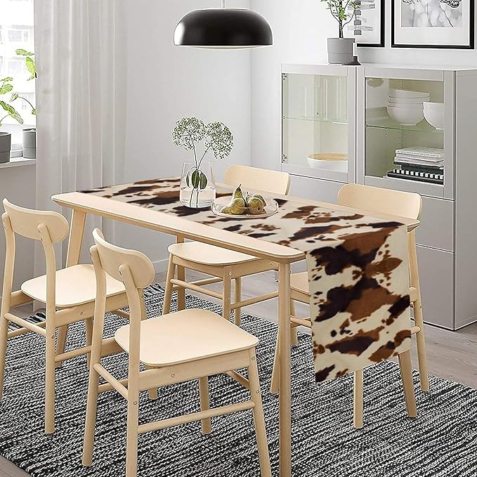 Cowhide Print Table Runner, Western Farm Animal Fur Wildlife Rustic Table Runner for Kitchen Farmhouse Dining Home Banquet Party 13x70in