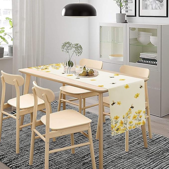 Yellow Wild Flowers Table Runner, Rustic Farmhouse Watercolor Daisy Floral Branches Bees Print Table Runner for Kitchen Dining Room Party Picnic Table Decor, 13x120inch