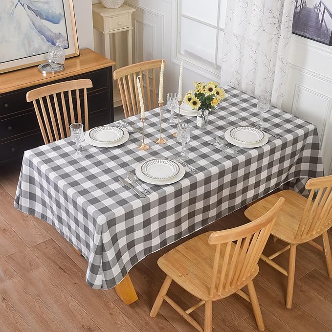 Cupuamon 2 Pack Waterproof Polyester Fabic Rectangle Checkered Tablecloth，60x84 Outdoor Table Cloth，Oil Stain Prevention Table Cloth for Pinics and Parties（Gary and White）
