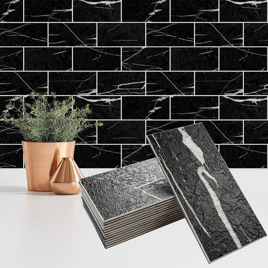 100 Pieces Peel and Stick Backsplash for Kitchen, 3" x 6" PVC Subway Tile Upgraded Nero Marquina with White Grout Backsplash Stick on Tile Elevate Kitchen, Bathroom, Fireplace,RV