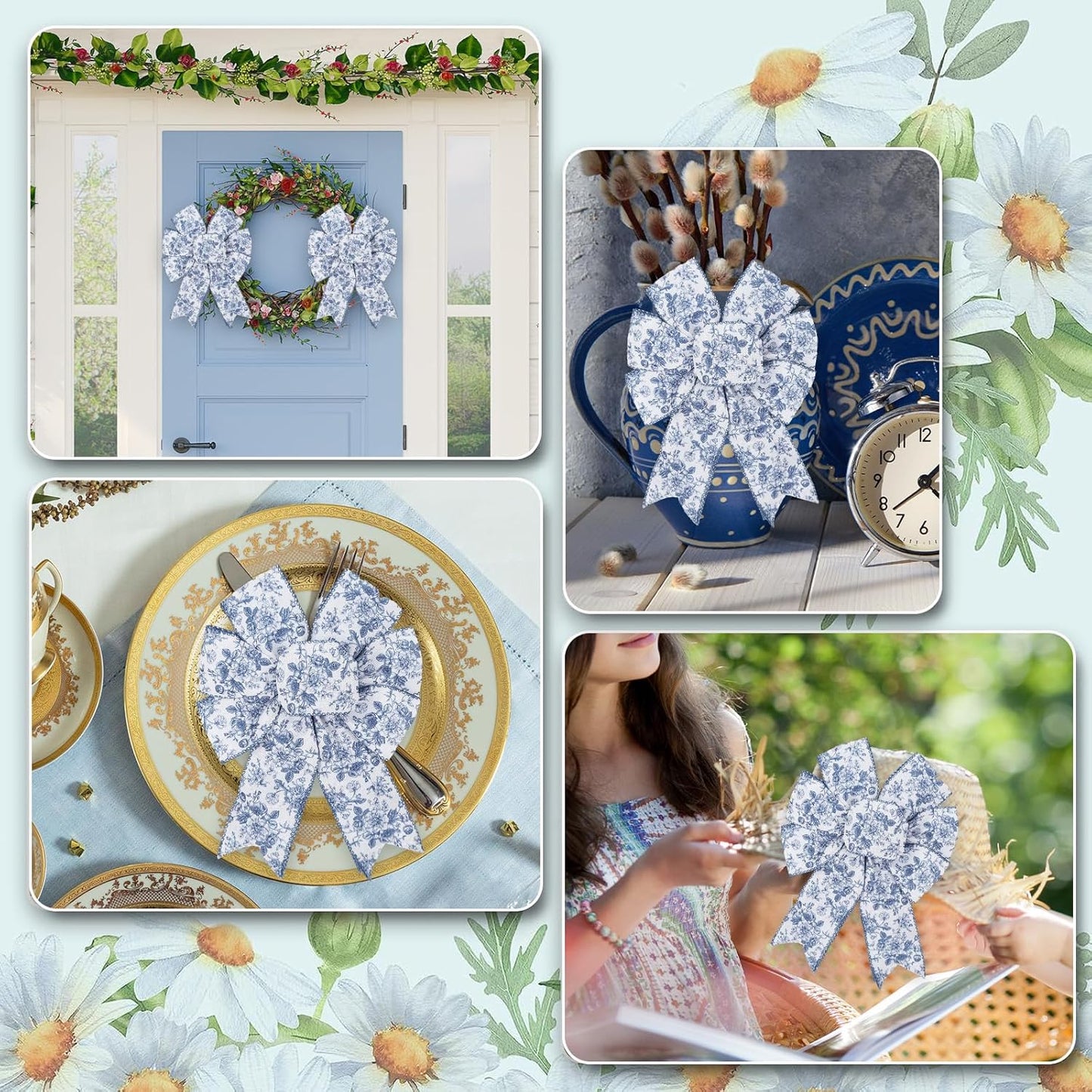 Generic AnyDesign Floral Wired Edge Ribbon Blue Flower Craft Ribbon Chinoiserie Decorative Fabric Ribbon for DIY Crafts Wreath Bow Making, 12 Yards