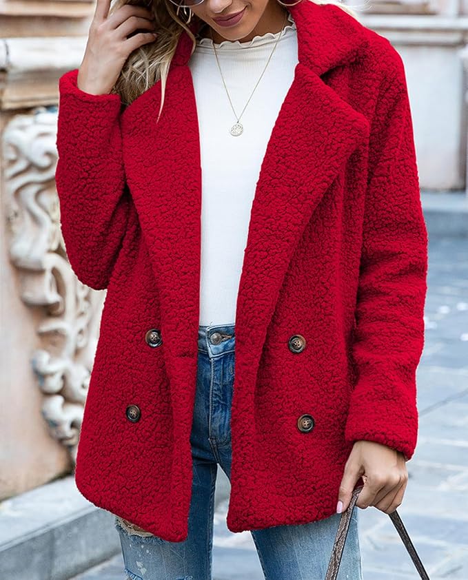 Women's Winter Warm Plush Cardigan Fuzzy Fleece Lapel Jacket with Buttons Pockets Long Sleeve Casual Outerwear