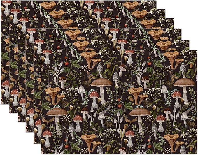 Fantasy Mushroom Forest Placemats Set of 6,Insect Berry Linen Washable Kitchen Dining Table Mats Heat Resistant Place Mats for Home Party Indoor Holiday 12x18 Inch