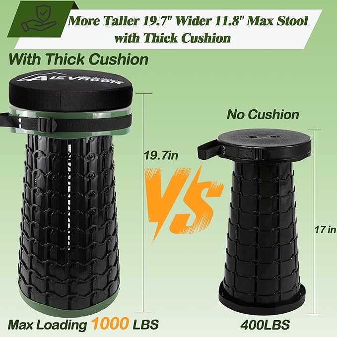 ALEVMOOM Upgraded XXL Collapsilbe Stool with Cushion,More Sturdy and Height 19.7“,D11.8”,Portable and Lightweight Adjustable Telescoping Stool for Camping Hiking BBQ Max Loading 1000Ibs