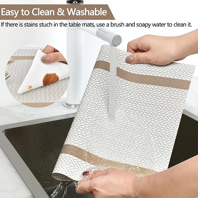 SLKQG Beige White Placemats Set of 6 - Easy Clean Modern Durable Washable Vinyl Place Mats - Heat Resistant Placemats for Kitchen Table - PVC Table Mats for Dining Table (Beige White with Stripes, 6)