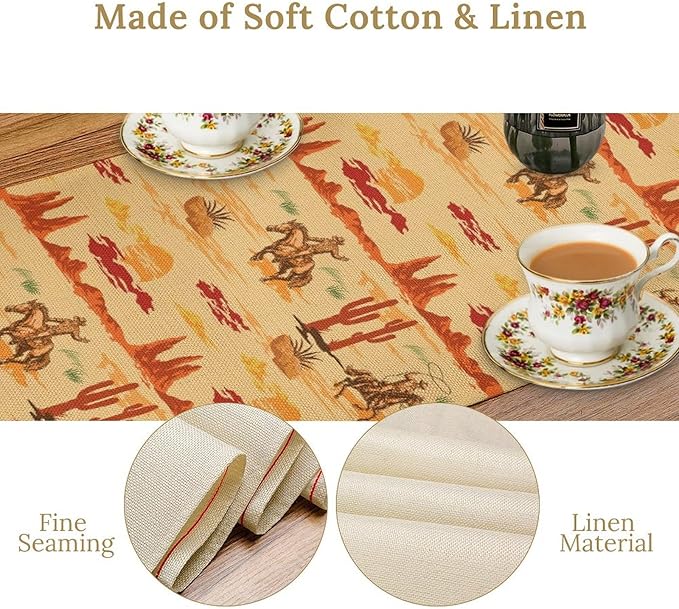 Western Cowboy Table Runner, Wild West Cowboy Ride Horse Desert Cactus Sunset Table Runner for Home Kitchen Dining Party Farmhouse Coffee Outdoor 13x120in