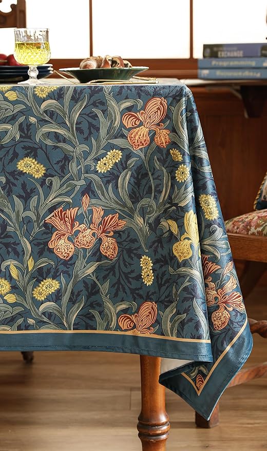 patdrea Designer Vintage Dark Blue Linen Rectangle Tablecloth,French Rustic Floral Pattern Tablecloths,Decorative Table Cover Cloth for Kitchen,Dining,Tea Party,Home,Christmas,63"*87"