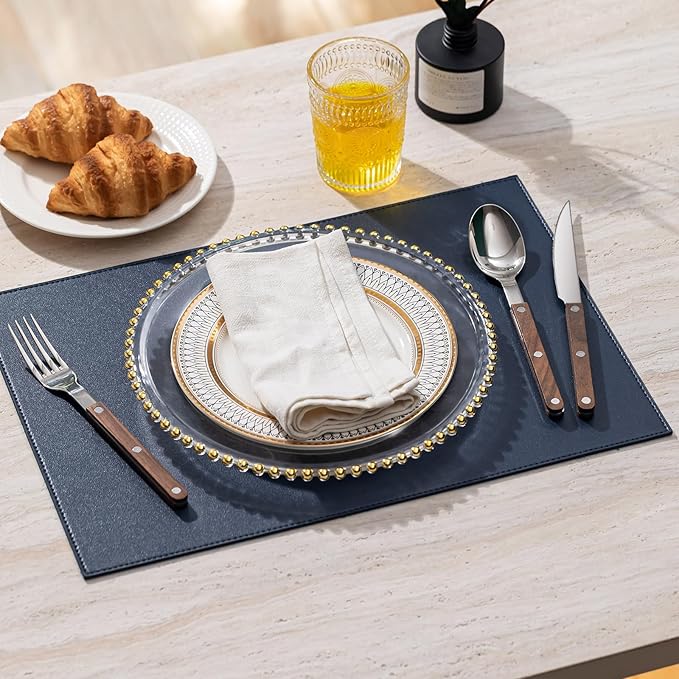 Faux Leather Placemats Set of 4 Vinyl Washable Wipeable Table Mats for Kitchen Dining Table Heat Resistant Waterproof Modern Indoor/Outdoor Placemats Non-Slip Easy Clean Place Mats (Navy Blue)