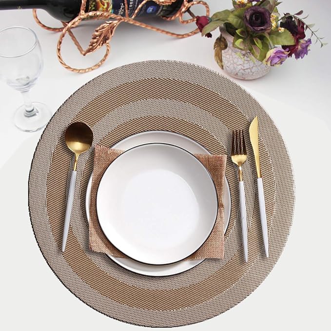PIGCHCY Round Placemat Set of 6 Heat Resistant Vinyl Washable Kitchen 15 inch Placemats for Home Indoor Outdoor Party (6pcs, Champagne)