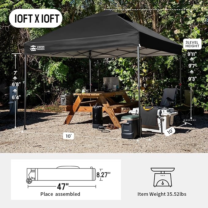 CROWN SHADES 10x10 Pop Up Canopy Tent - Patented Center Lock One Push Instant Outdoor Canopy Beach Tent with STO-N-Go Bag 8 Stakes & 4 Sand Bags，Black