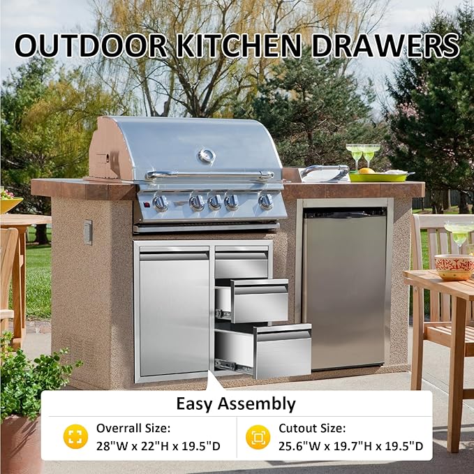 Outdoor Kitchen Door Drawer Combo Cabinet 28" W x 22" H x 19.5" D Stainless Steel Built-in Triple Drawers&Left Trash Drawer Combo Cabinet for Outdoor Kitchen Island, Patio Grill Station