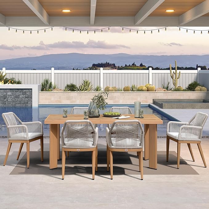 PURPLE LEAF 7 Pieces Patio Dining Set Aluminum Modern Rectangular Table and Rattan Arm Chairs with Cushions for Kitchen Porch Garden Outdoor Furniture Sets, Teak