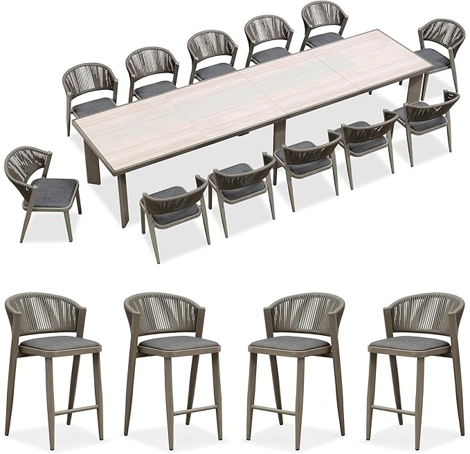 PURPLE LEAF 13-Piece Patio Dining Set Outdoor Furniture Rectangular Table and Chairs Set with Aluminum Frame and Wicker Rattan for Garden Deck Backyard Kitchen Gray Outdoor Set with Counter Stools