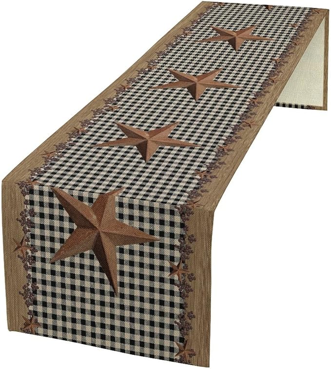 Rustic Star Table Runner, Vintage Wood Barn Black Grid Western Texas Farmhouse Country Print Table Runner for Home Party Patio Indoor Outdoor, 13x90inch