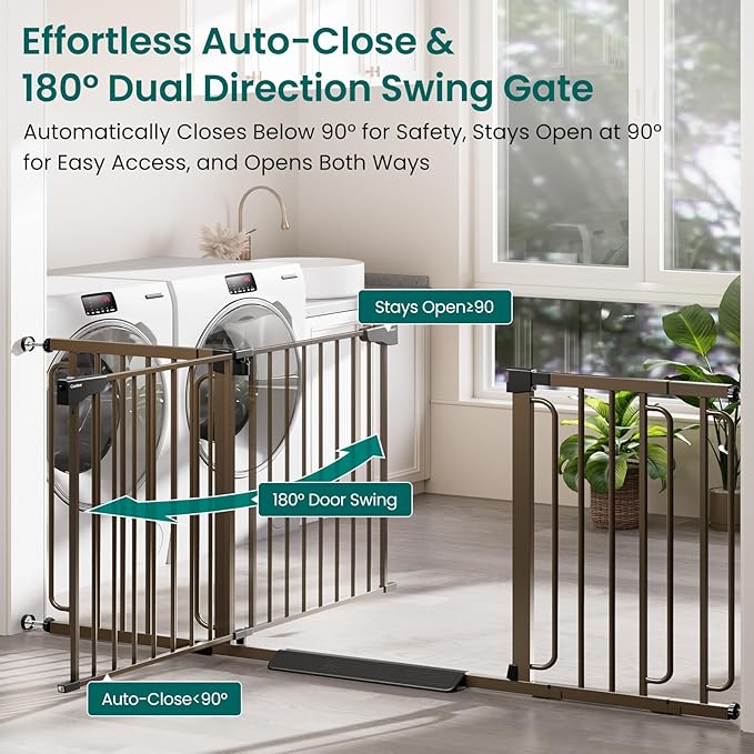 Cumbor Extra Wide Baby Gate, 36.6-69" Walk-Through Dog Gate for Stairs, Doorways & Hallways, 30.5“ Tall, Auto-Close & Dual-Swing Safety Child Gate Indoor, Easy Install Pressure-Mounted Pet Gate, Brown