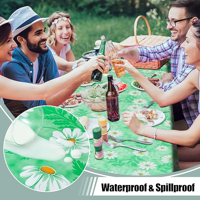 misaya Rectangle Waterproof Vinyl Table Cloth, Wipeable Tablecloth with Flannel Backing, Plastic Table Cover for Dinner, Picnic, Indoor and Outdoor (Green Daisy, 60" x 84")