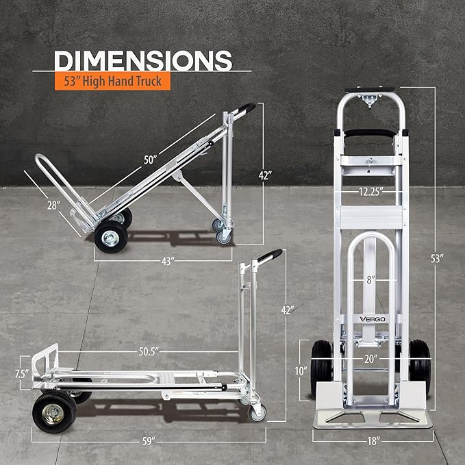 Vergo Industrial Convertible Hand Truck - AS7A2 Heavy Duty Aluminum 3 in 1 Dolly (750 lb Capacity) Lightweight Frame, Ergonomic Handle, Extendable Loop, Versatile Moving Dolly (3 Positions, 53" High)