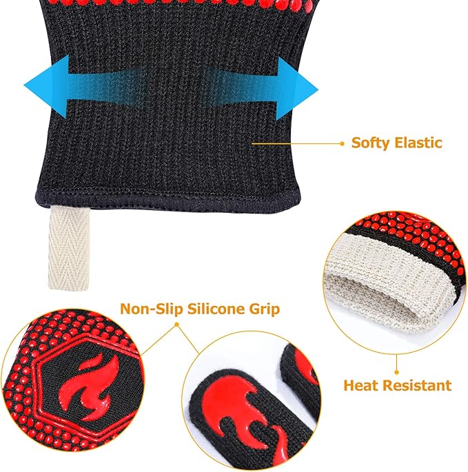 QUWIN BBQ Gloves, BBQ Accessories 1472℉ Extreme Heat Resistant, Grilling Gloves Silicone Non-Slip Oven Mitts, Kitchen Gloves for BBQ, Grilling, Cooking, Baking-1 Pair… (One Size Fits Most, Red)