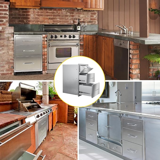 Outdoor Kitchen Drawers with Paper Towel Holder 17" W x 30"H Flush Mount BBQ Drawers with Chrome Handle,Stainless Steel Built-in Triple Access Drawers for Outdoor Kitchen Island, Patio Grill Station