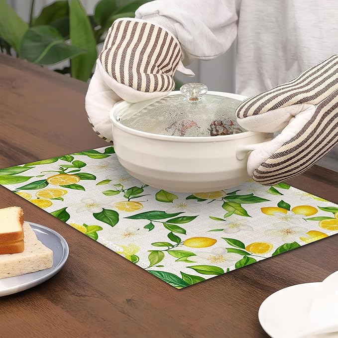 Placemats12x18 Inch,Lemons Flower Placemats,Green Leaf Kitchen Dining Coffee Table Mats Set of 6 for Home Indoor Outdoor Party