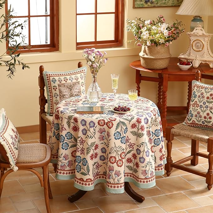 French Linen Round Tablecloth,Vintage Colorful Multiple Prints Soft and Durable Tablecloths,Decorative Table Cover for Kitchen,Dining,Party,Thanksgiving,Christmas,Diameter 67"-Lohi