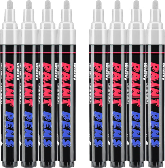 White Paint Pens Paint Markers - 8 Pack Permanent Quick Dry Waterproof Marker Pens for Rocks Wood Fabric Plastic Canvas Glass Mugs Metal Tire Stone