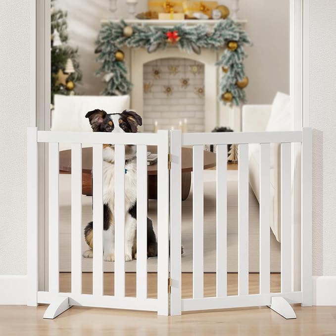 24" Height Tall Freestanding Pet Gate, Solid Wood Folding Safety Fence Wooden Dog Gate with 2 PCs Support Feet Ideal for Stairs, Doorways, Halls, Kitchens, Heavy Duty Gates, 2 Panels, White