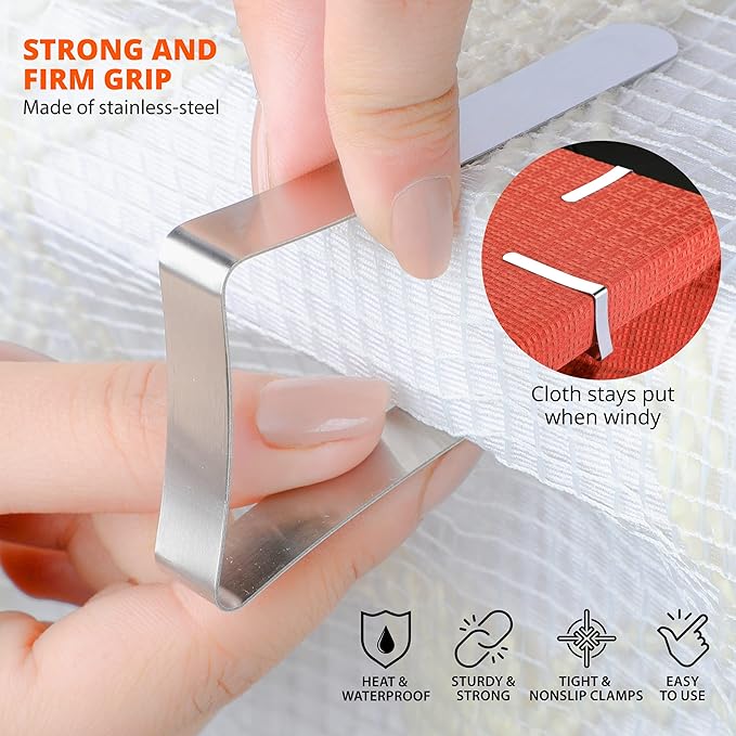 Large Tablecloth Clips [USA Based Brand]- 12 Pack Stainless Steel, Rust Proof Table Cloth Holding Clip - Perfect for Folding, Picnic, Party, and Outdoor Tables-Fits for 1.8~3 Inch Thick Table