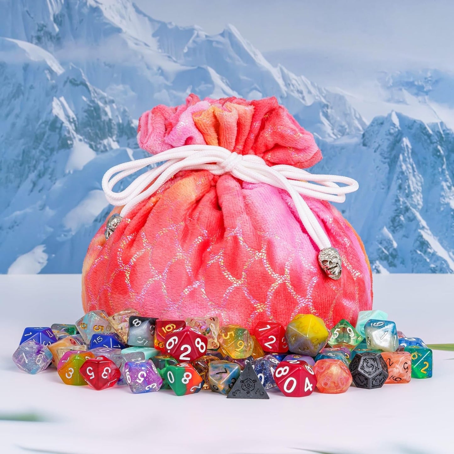 DND Dice Bags Large with Pockets Orange Storage Bag Fish Scale Pattern for RPG Game Dices - Capacity 200+ Dice