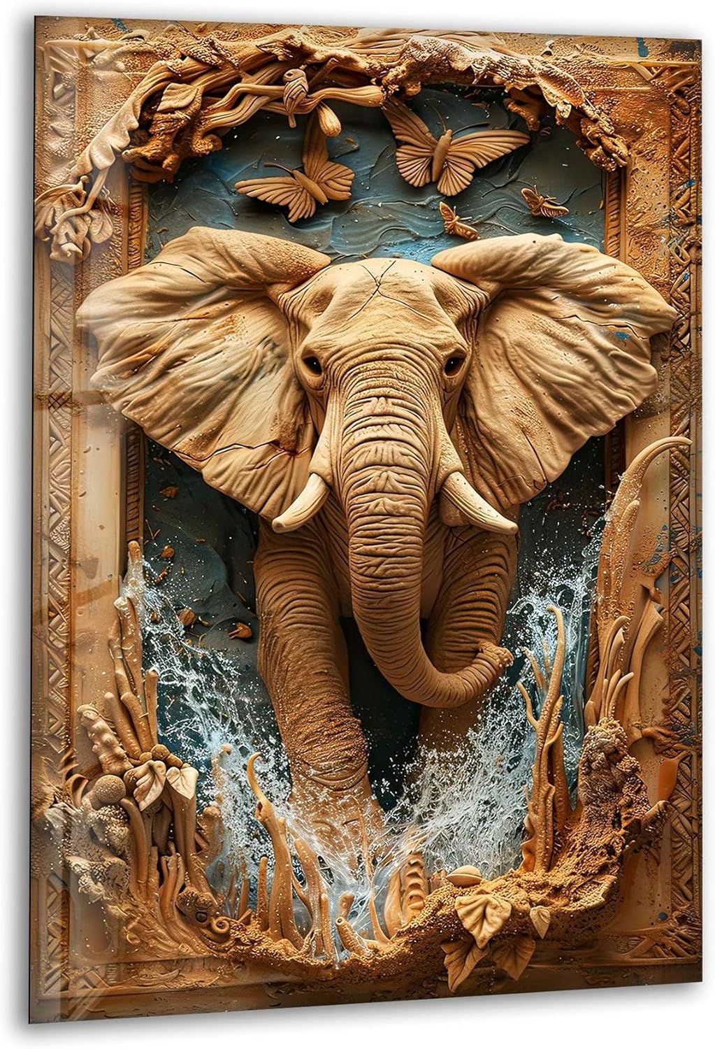 My Photostation.com 27Wx43H'' Elephant Carving Glass Wall Art Tempered Glass Printing Wall Decor Large Wall Art Wall Hangings