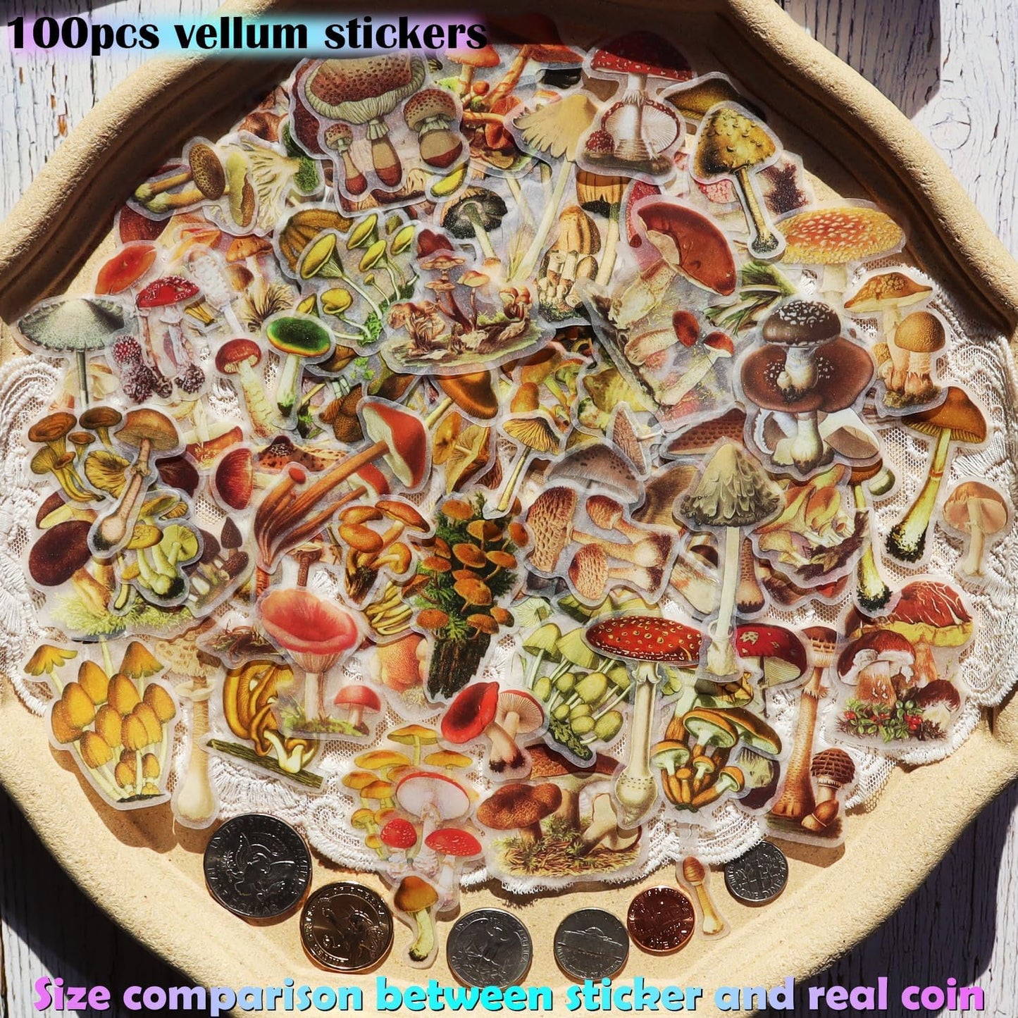 Vintage Vellum Stickers Floral Plants Elements Scrapbooking Supplies Flowers Botanic Natural Translucent Paper Self-Adhesive Junk-Journal Items (Small Mushroom)