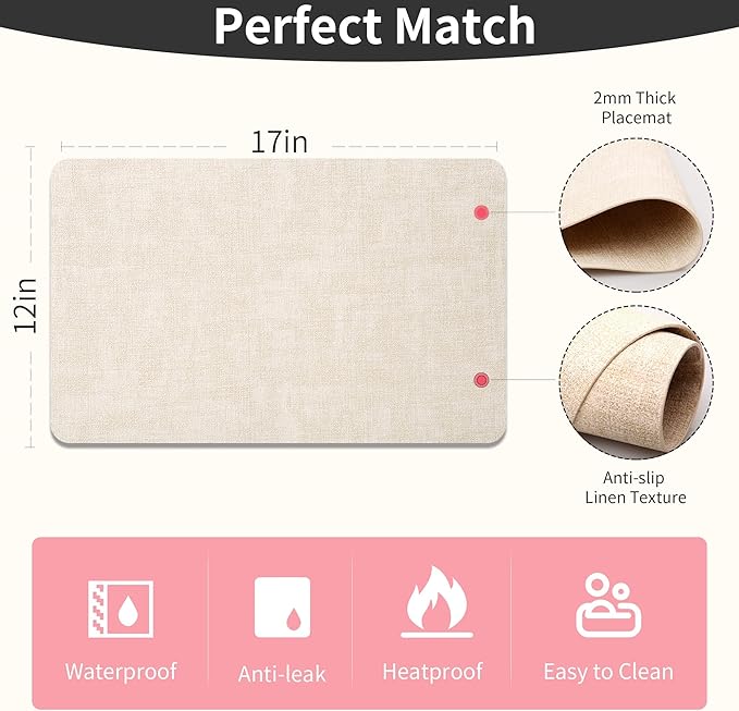 Maxpearl Faux Leather Placemats Set of 8 – Waterproof, Wipe Clean, Heat Resistant, Non-Slip Dining Table Mats for Indoor & Outdoor Use, 17”×12”, Beige
