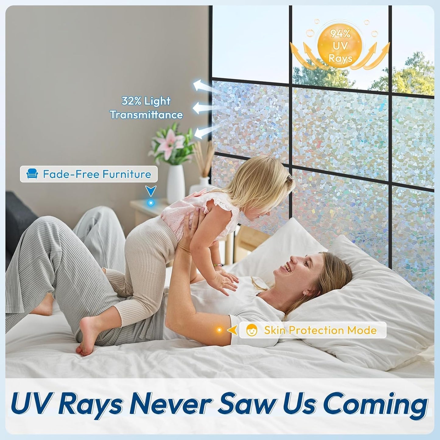 rabbitgoo Rainbow Window Privacy Film Decorative Stained Glass Diamond Pattern Window Sticker with Iridescent Tint Non-Adhesive Static Cling for Home Office Crystal Pattern, 17.5 x78.7 inch