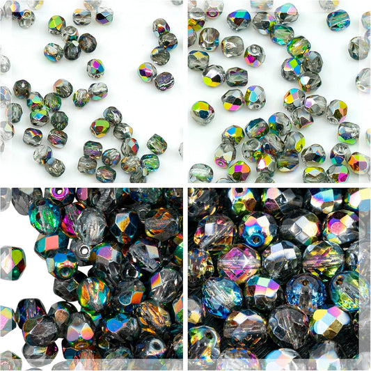 275 pcs Set of Czech Faceted Glass Beads, Fire-Polished Round Crystal Vitrail - 3mm (100pcs), 4mm (100pcs), 6mm (50pcs), 8mm (25pcs) kit for Jewelry Making